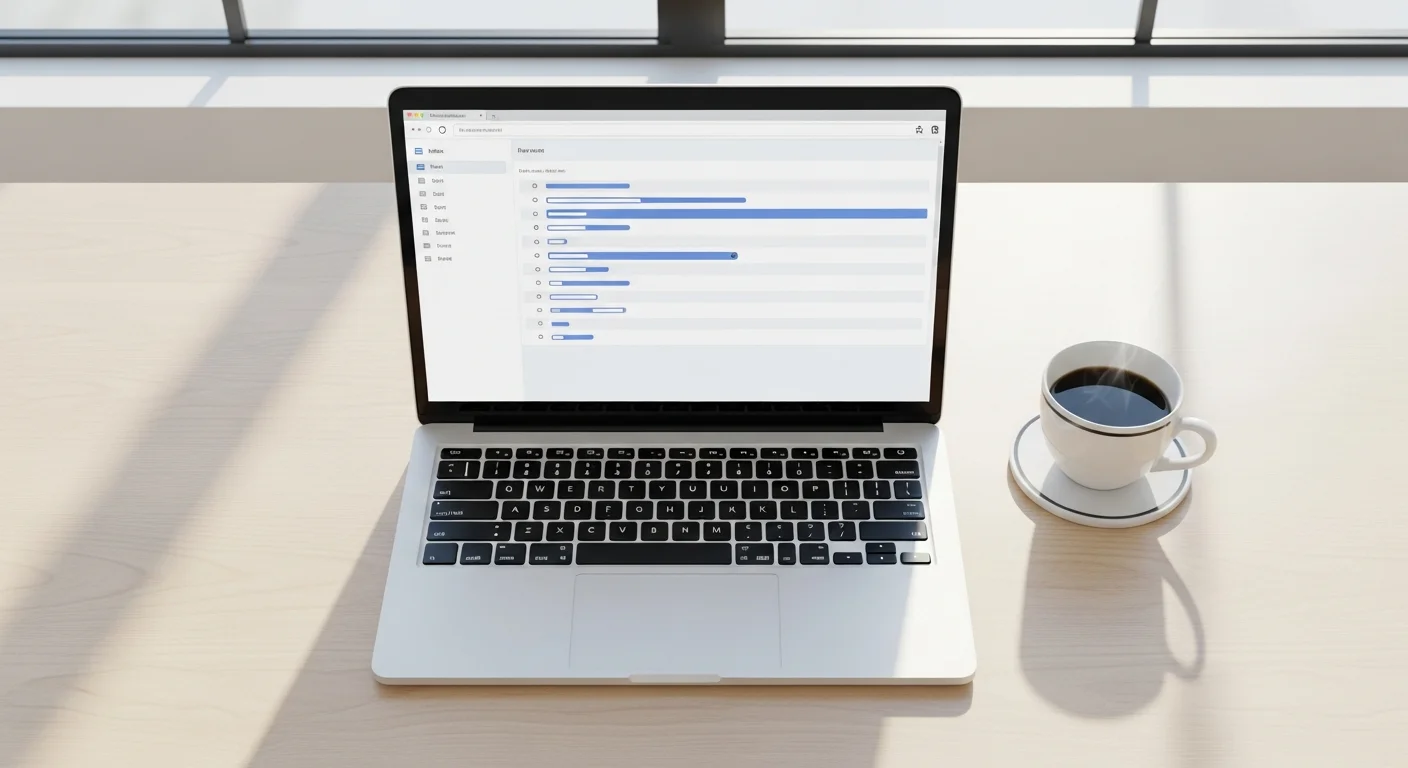 Vue en plongée d'un laptop ouvert sur un bureau avec une interface webmail affichée à l'écran, tasse de café et espace de travail minimaliste lumineux
