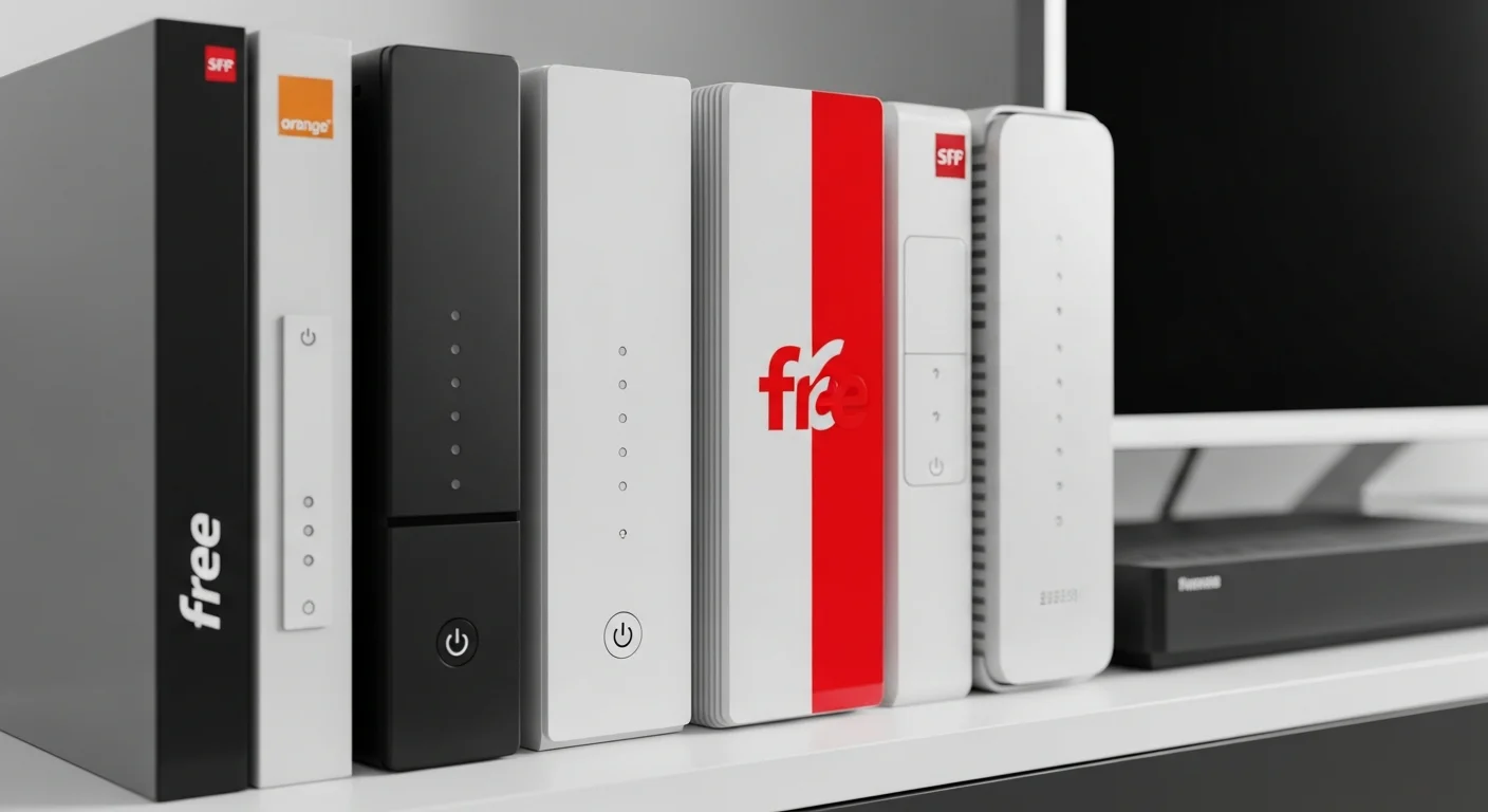 Plusieurs box opérateurs alignées côte à côte sur un meuble TV