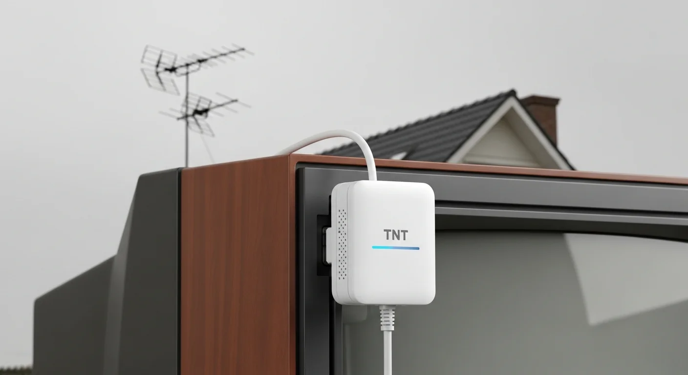 Décodeur TNT compact blanc branché sur une télévision avec antenne râteau en arrière-plan