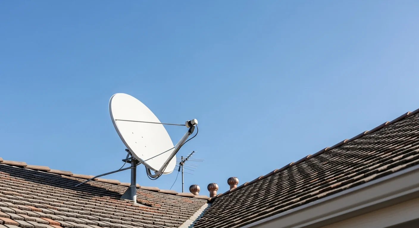 Parabole satellite installée sur un toit de maison avec ciel bleu, vue en contre-plongée