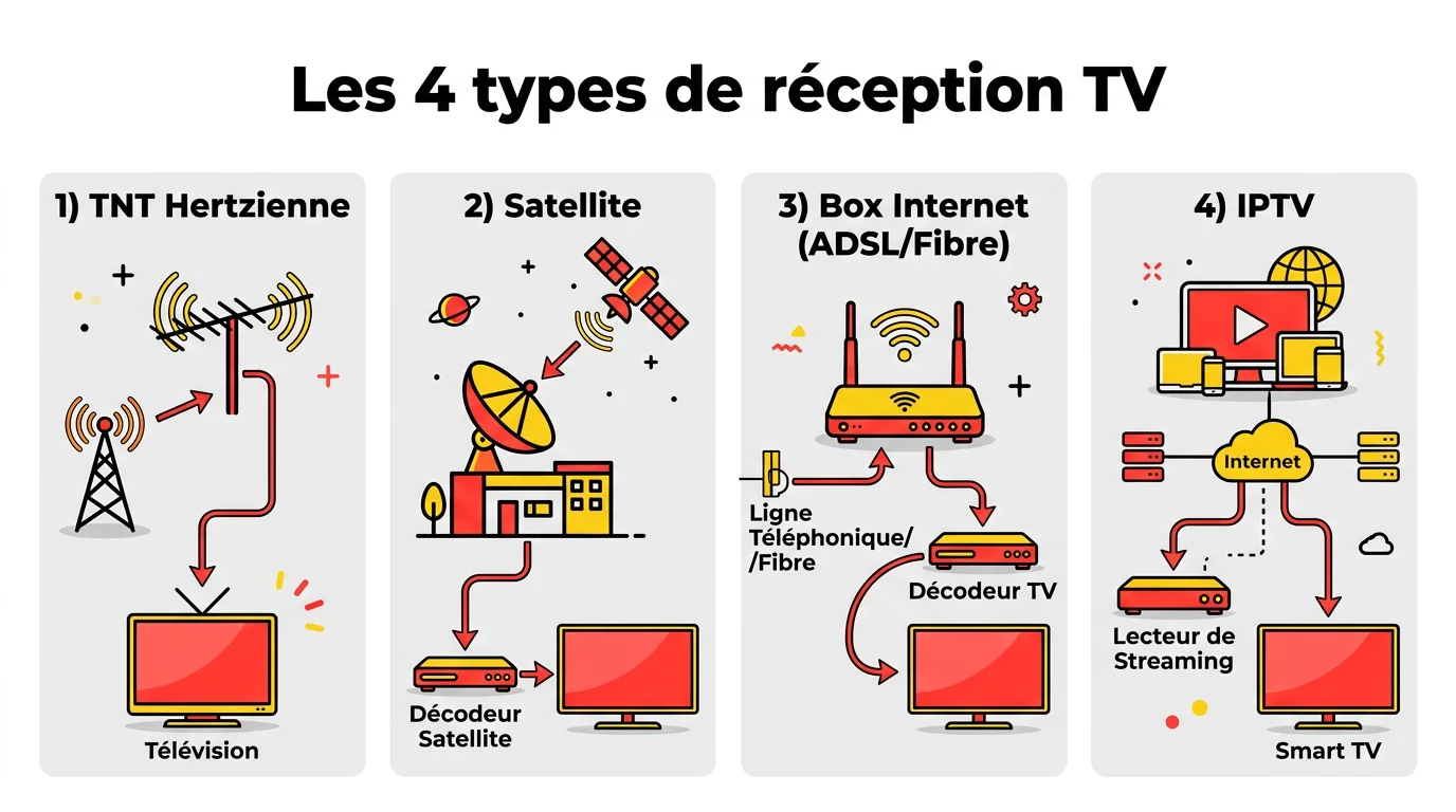 Schéma explicatif des 4 types de réception TV : TNT hertzienne, satellite, box internet et IPTV