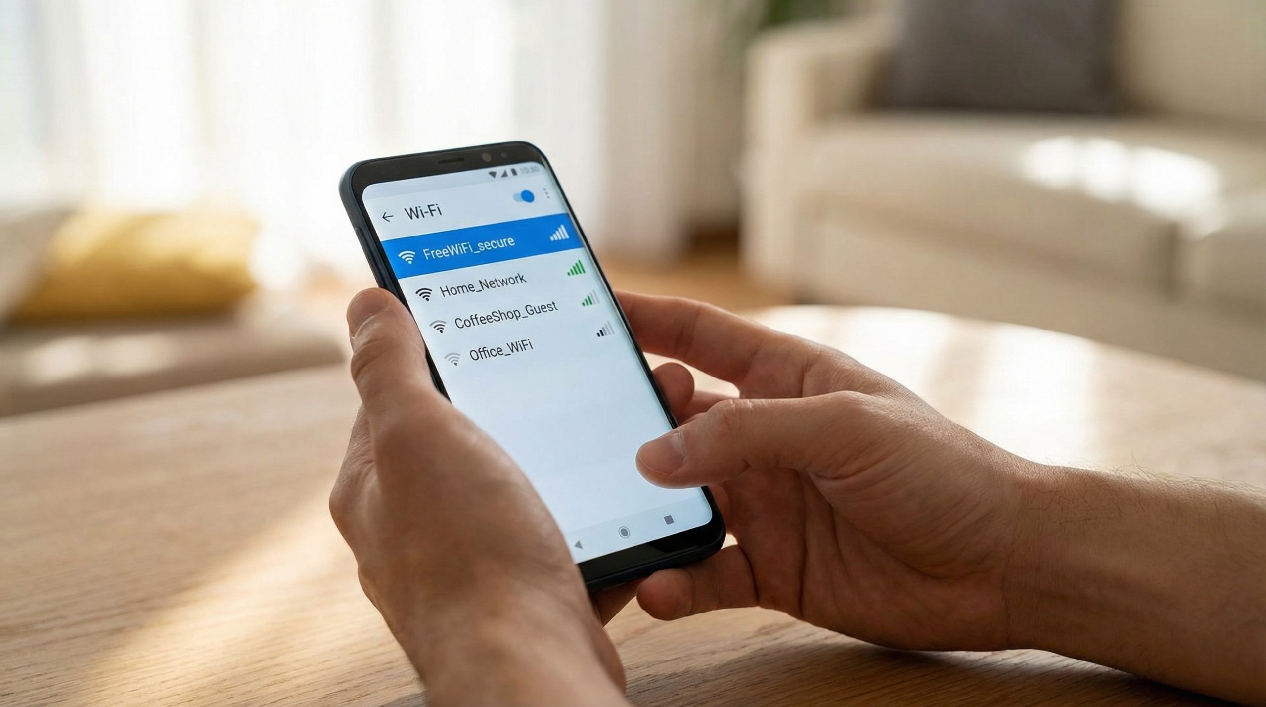 Mains tenant un smartphone affichant la liste des réseaux WiFi avec FreeWiFi_secure sélectionné