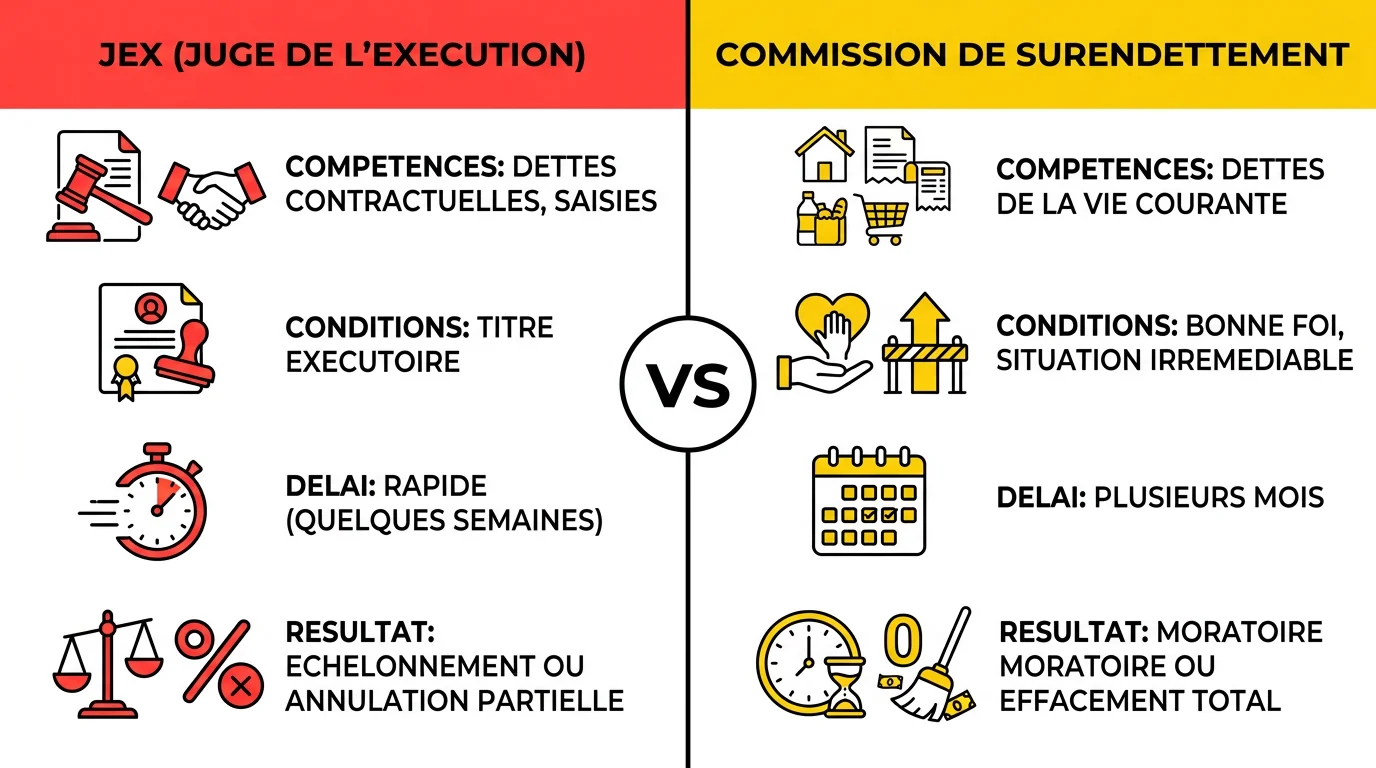 Comparaison JEX et Commission de surendettement : compétences, conditions, délais et résultats