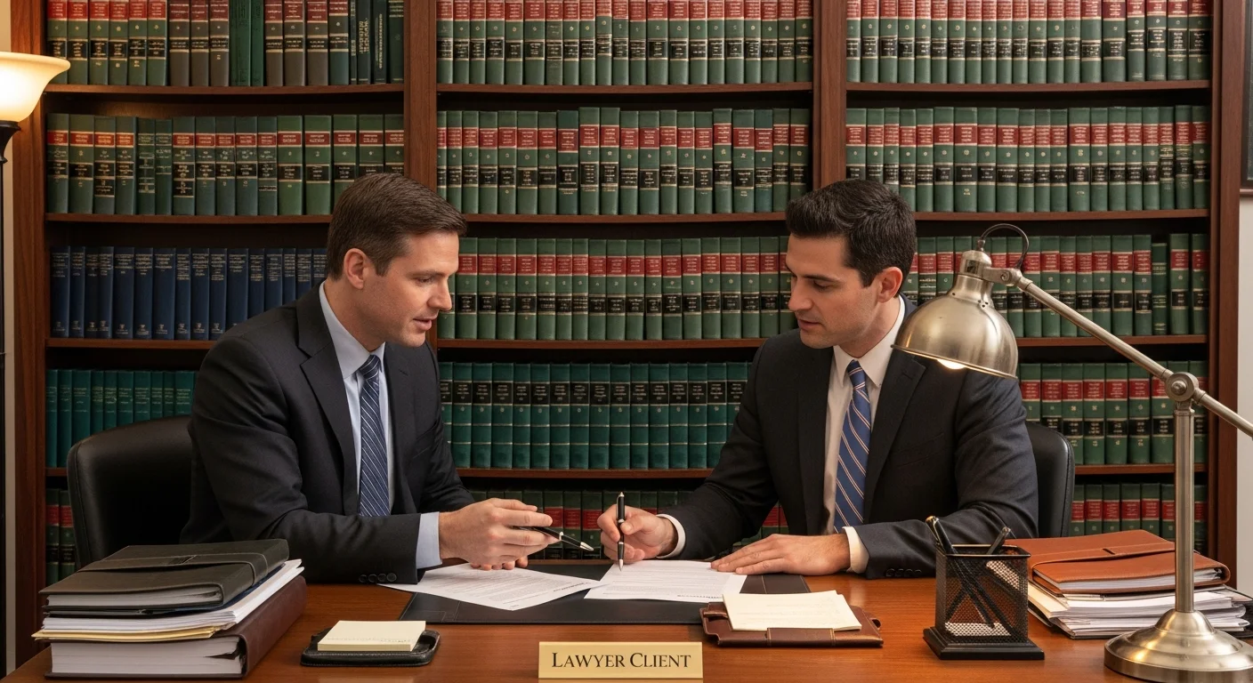 Avocat et client en consultation dans un cabinet, discussion sur des documents juridiques