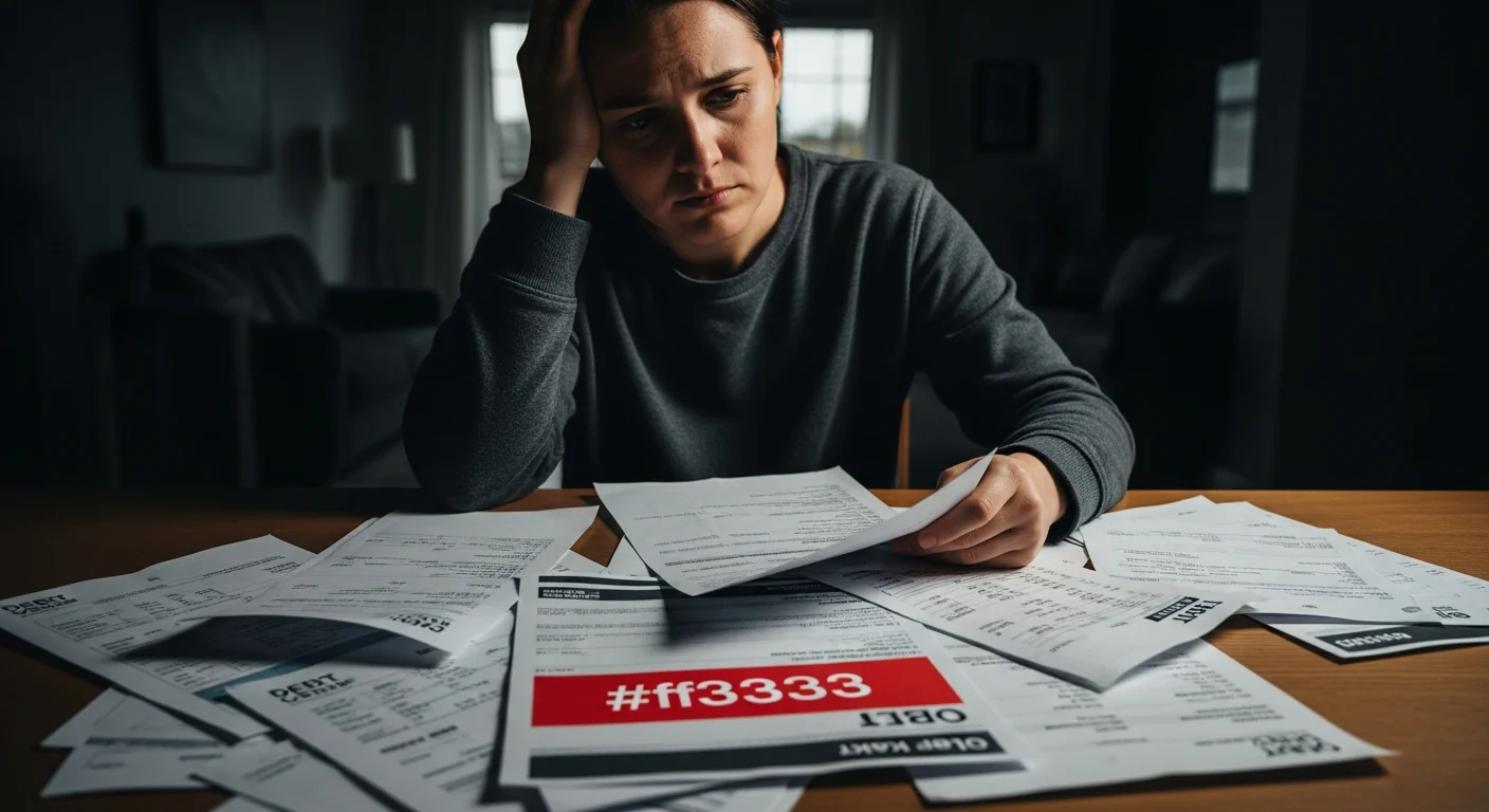Personne stressée entourée de documents de dette et relevés bancaires