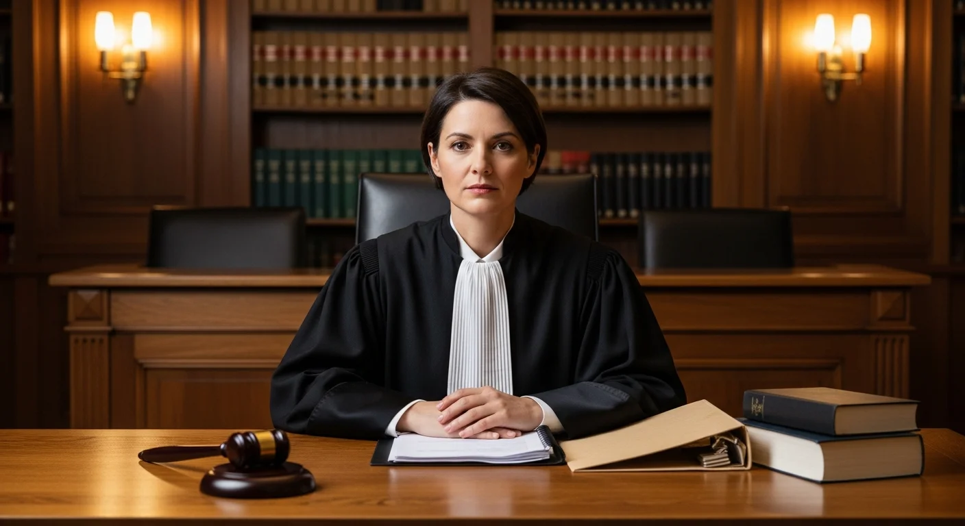 Bureau de juge avec marteau et dossiers juridiques dans un tribunal français