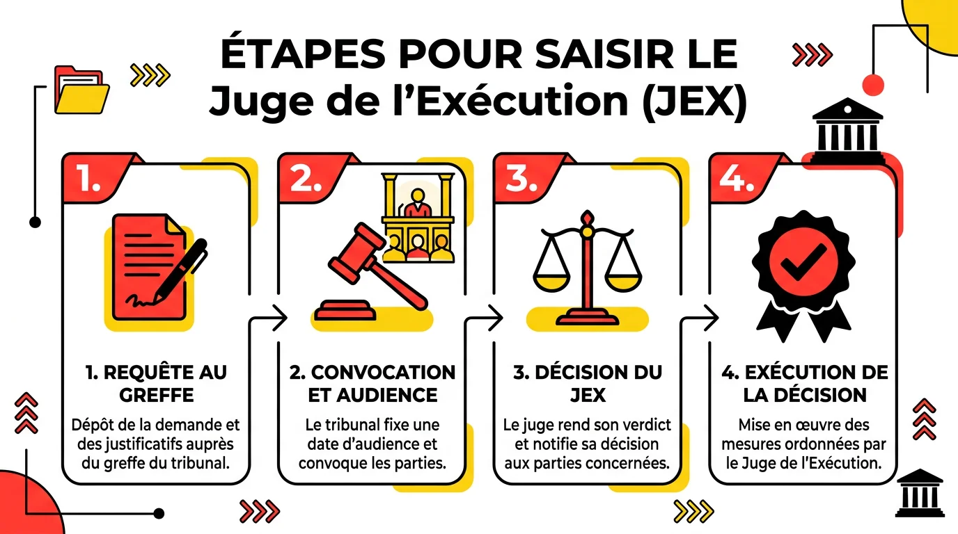 Schéma des 4 étapes pour saisir le Juge de l'Exécution : requête au greffe, audience, décision, exécution