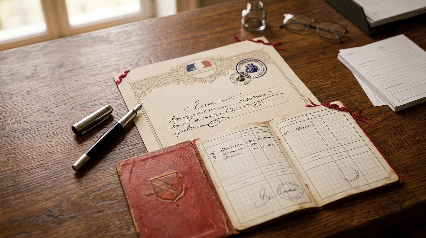 Bureau de mairie avec document officiel tamponne, stylo plume et livret de famille ouvert