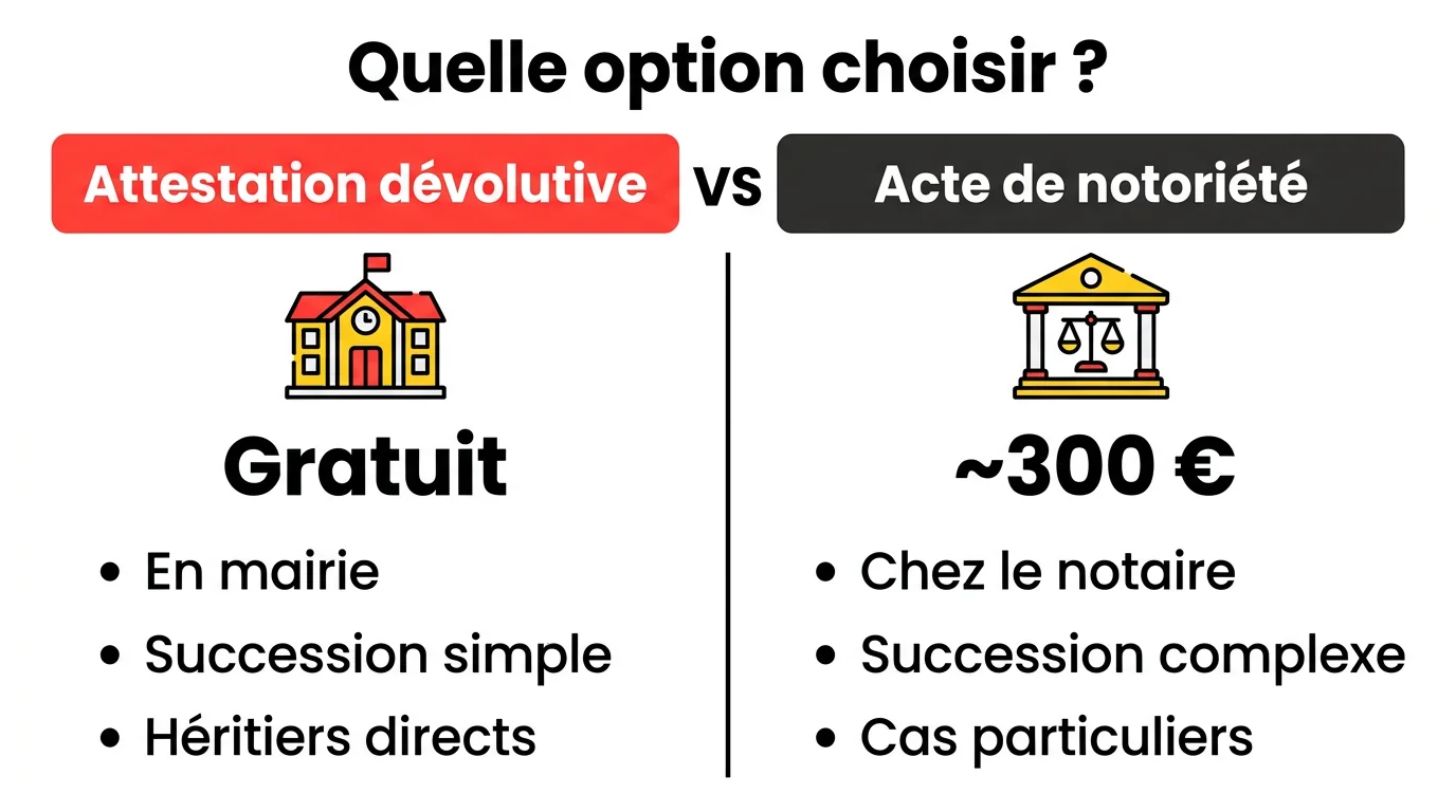 Comparatif entre attestation dévolutive gratuite en mairie et acte de notoriété payant chez le notaire