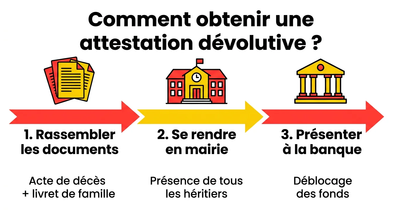 Infographie 3 étapes pour obtenir une attestation dévolutive : rassembler les documents, se rendre en mairie, présenter à la banque