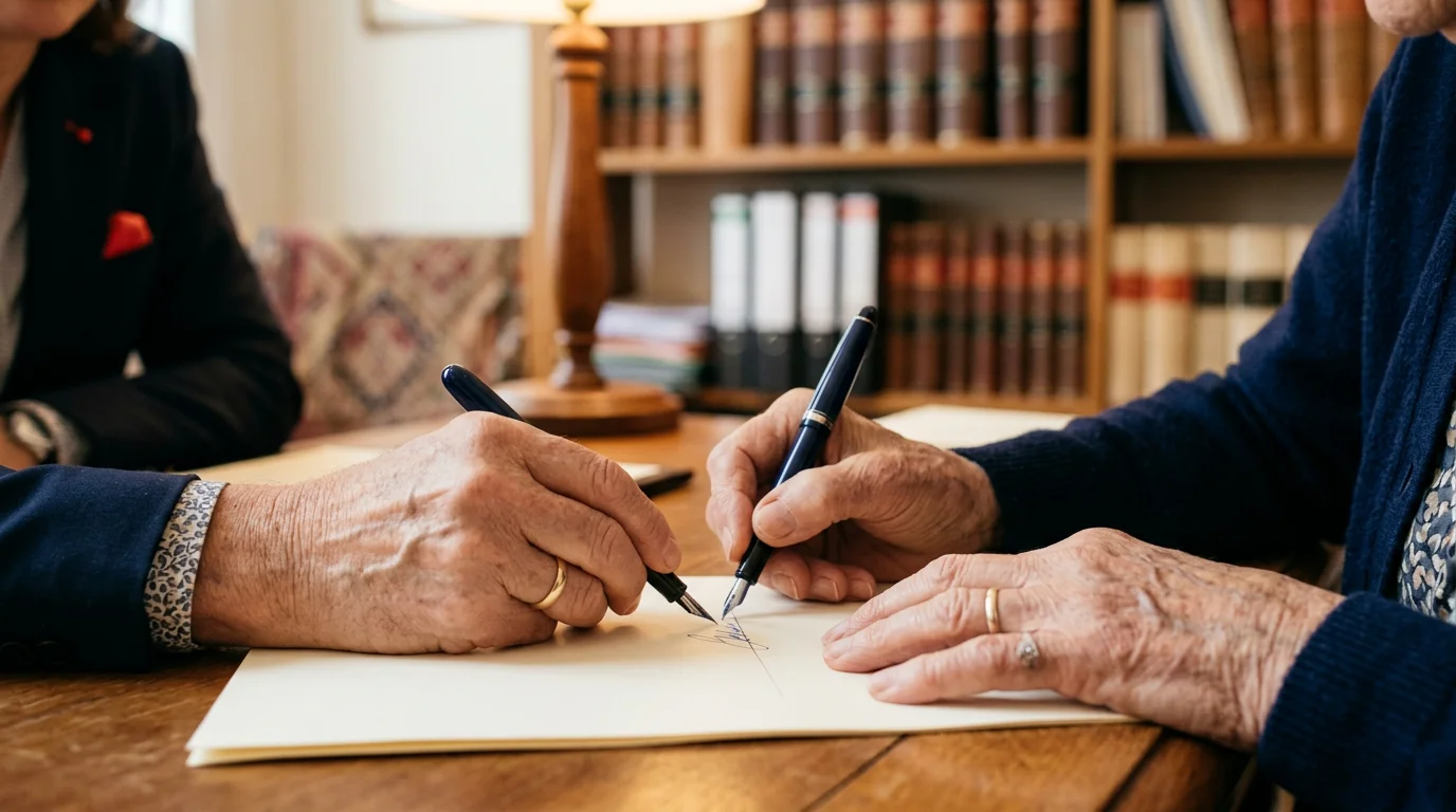 Mains d'une personne âgée signant un document officiel dans un bureau de notaire