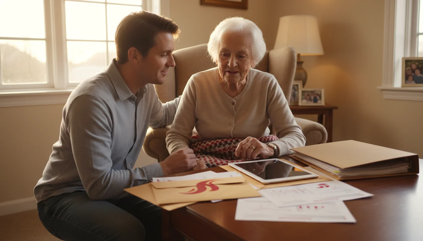 Personne agee accompagnee d'un proche aidant dans ses demarches administratives