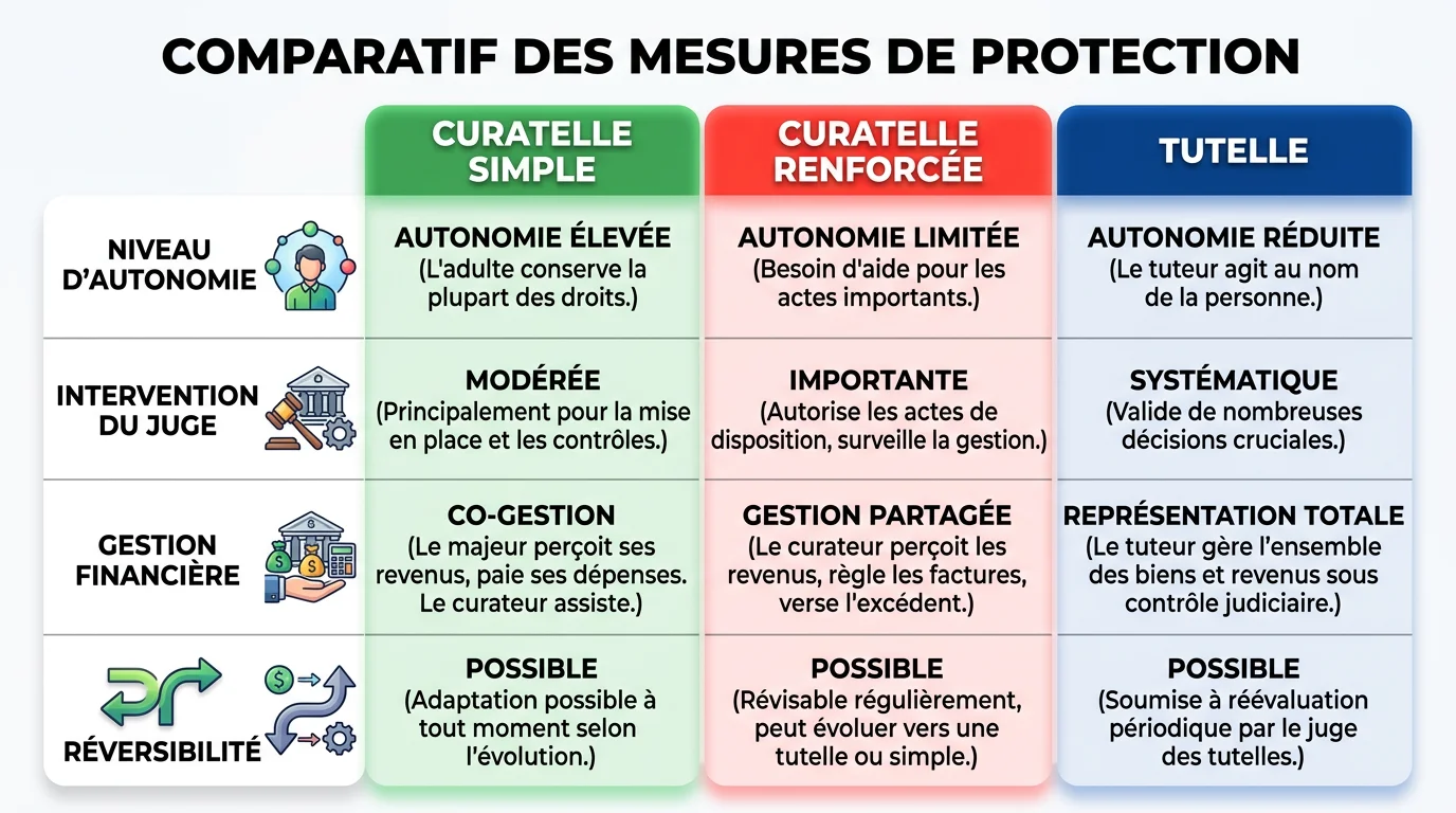 Tableau comparatif entre curatelle simple, curatelle renforcee et tutelle
