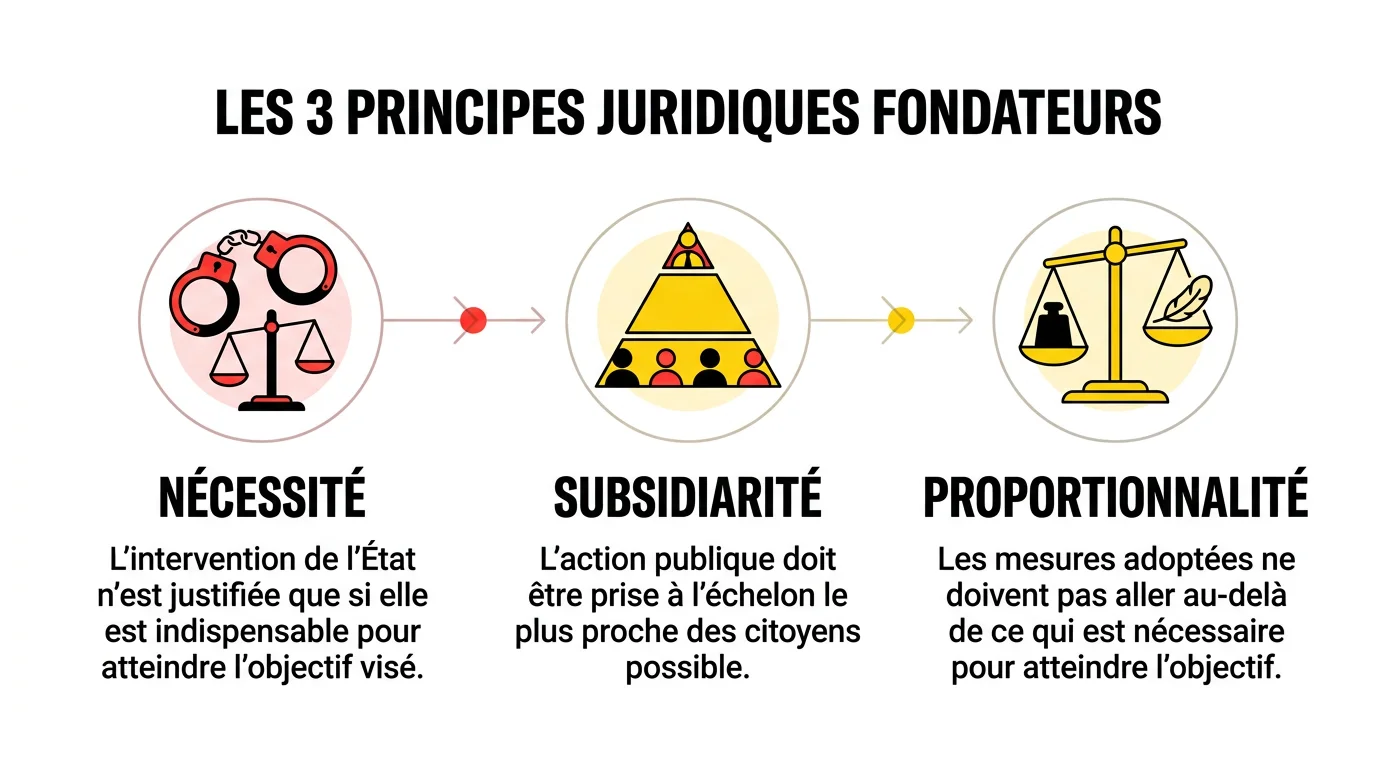 Schema des trois principes juridiques : necessite, subsidiarite et proportionnalite