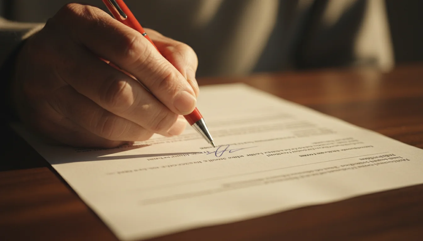 Gros plan sur la main d'une personne agee signant un acte juridique