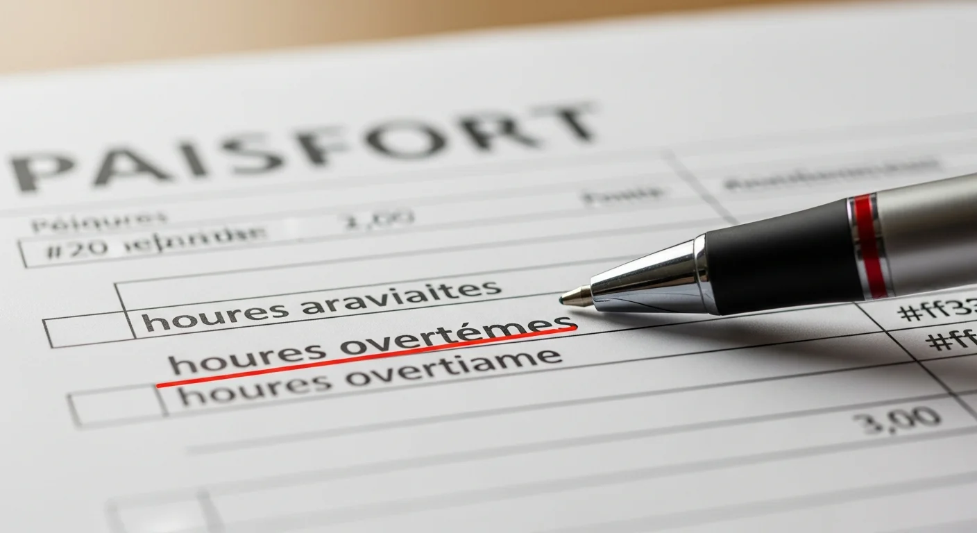 Gros plan sur une fiche de paie avec les lignes heures travaillees et heures supplementaires