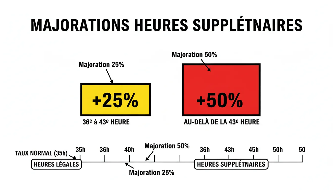 Infographie des majorations heures supplementaires en France 25 pourcent puis 50 pourcent