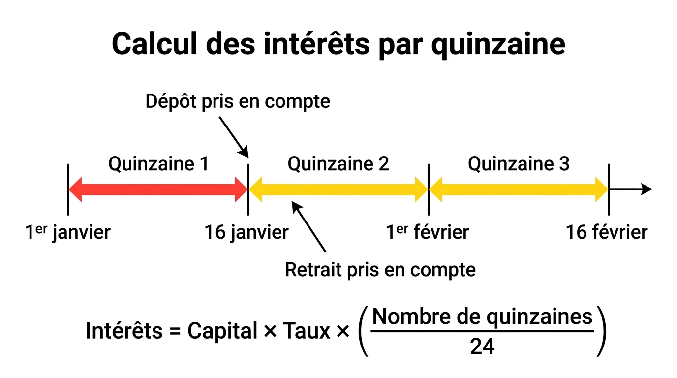 Schema explicatif du calcul des interets par quinzaine sur un livret d'epargne