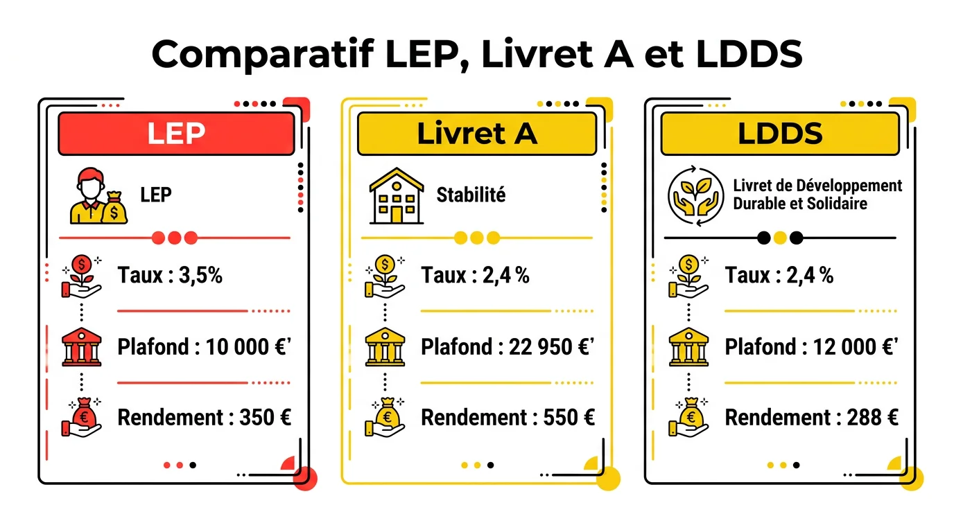 Infographie comparative des taux, plafonds et rendements du LEP, du Livret A et du LDDS