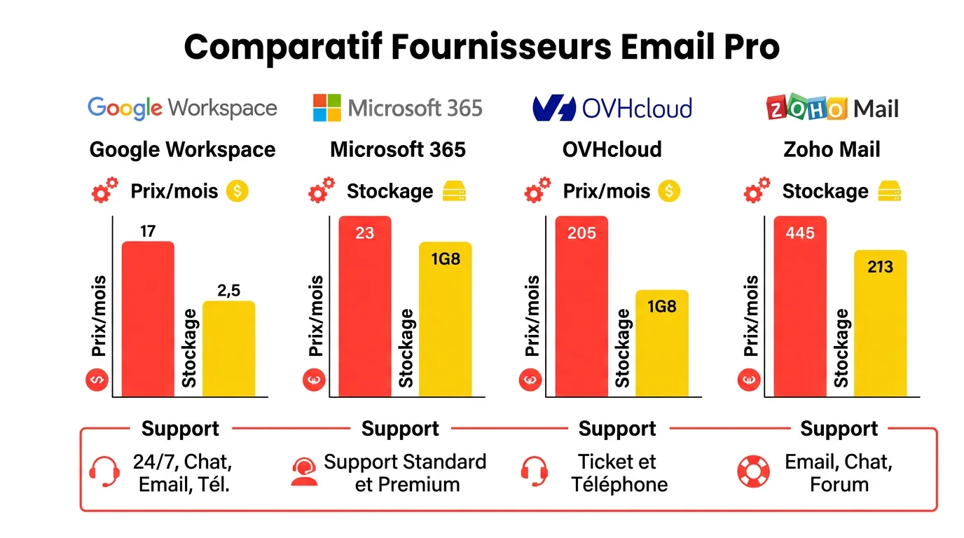 Infographie comparative des fournisseurs email professionnels : Google Workspace, Microsoft 365, OVHcloud et Zoho Mail