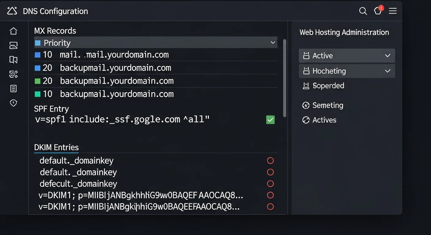 Panneau de configuration DNS avec enregistrements MX, SPF et DKIM pour une adresse email professionnelle