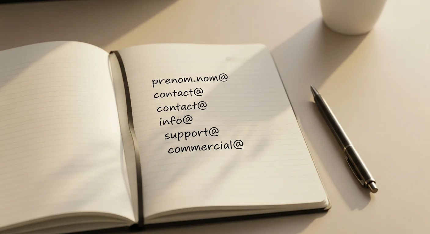 Différents formats d'adresse email professionnelle : prenom.nom@, contact@, info@, support@