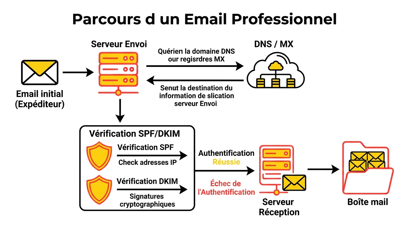 Schéma du parcours d'un email professionnel : serveur d'envoi, DNS, MX, authentification SPF et DKIM
