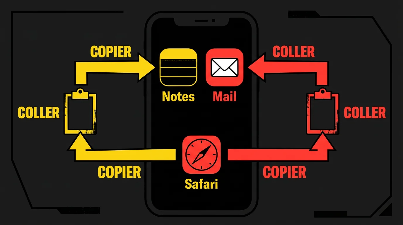 Schema illustrant le transfert de contenu copie entre les applications Notes, Mail et Safari sur iPhone via le presse-papier