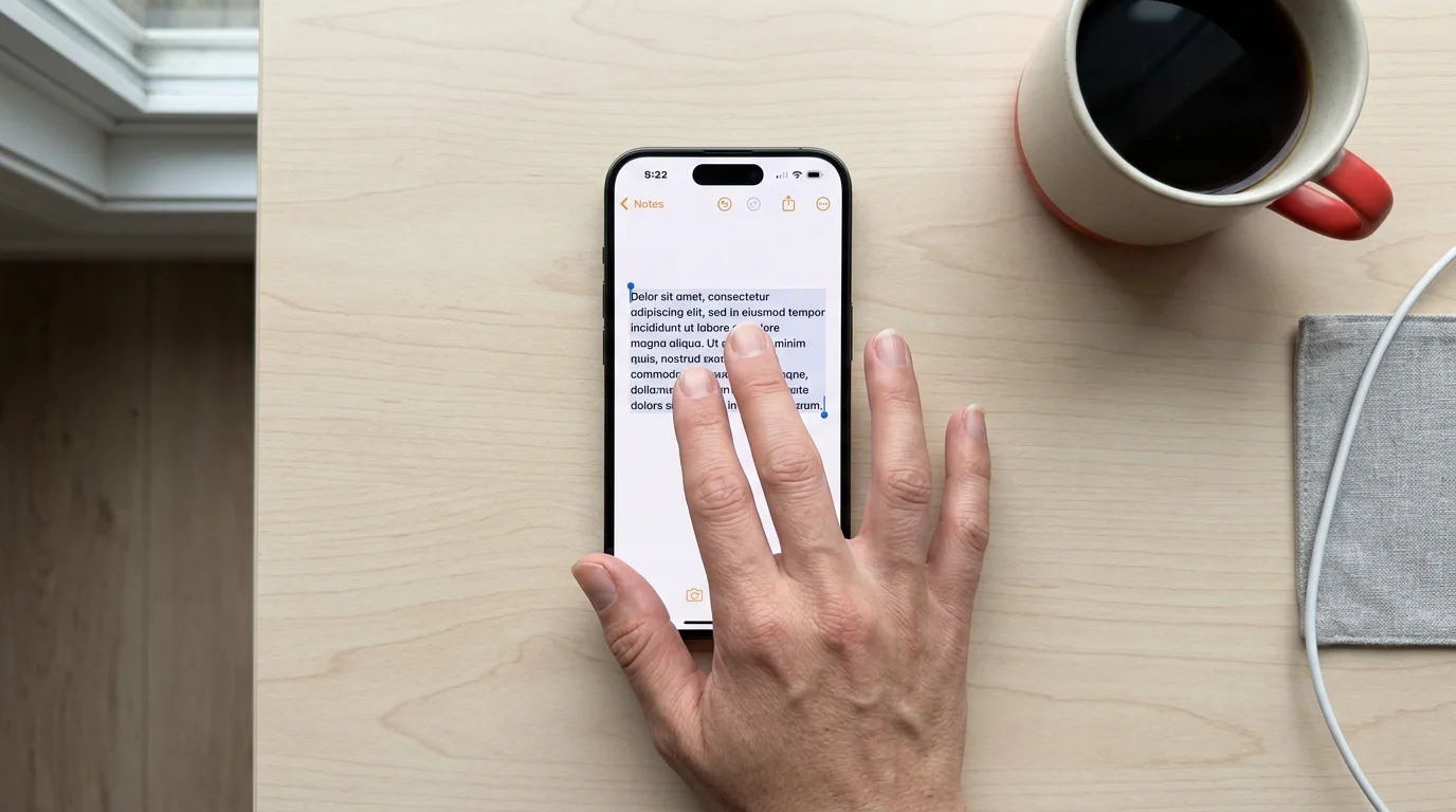 Vue de dessus d'une main utilisant trois doigts sur un iPhone pour effectuer le geste de copier sous iOS
