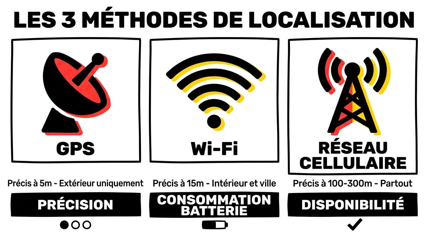 Comparaison de la précision GPS, Wi-Fi et réseau cellulaire pour localiser un téléphone