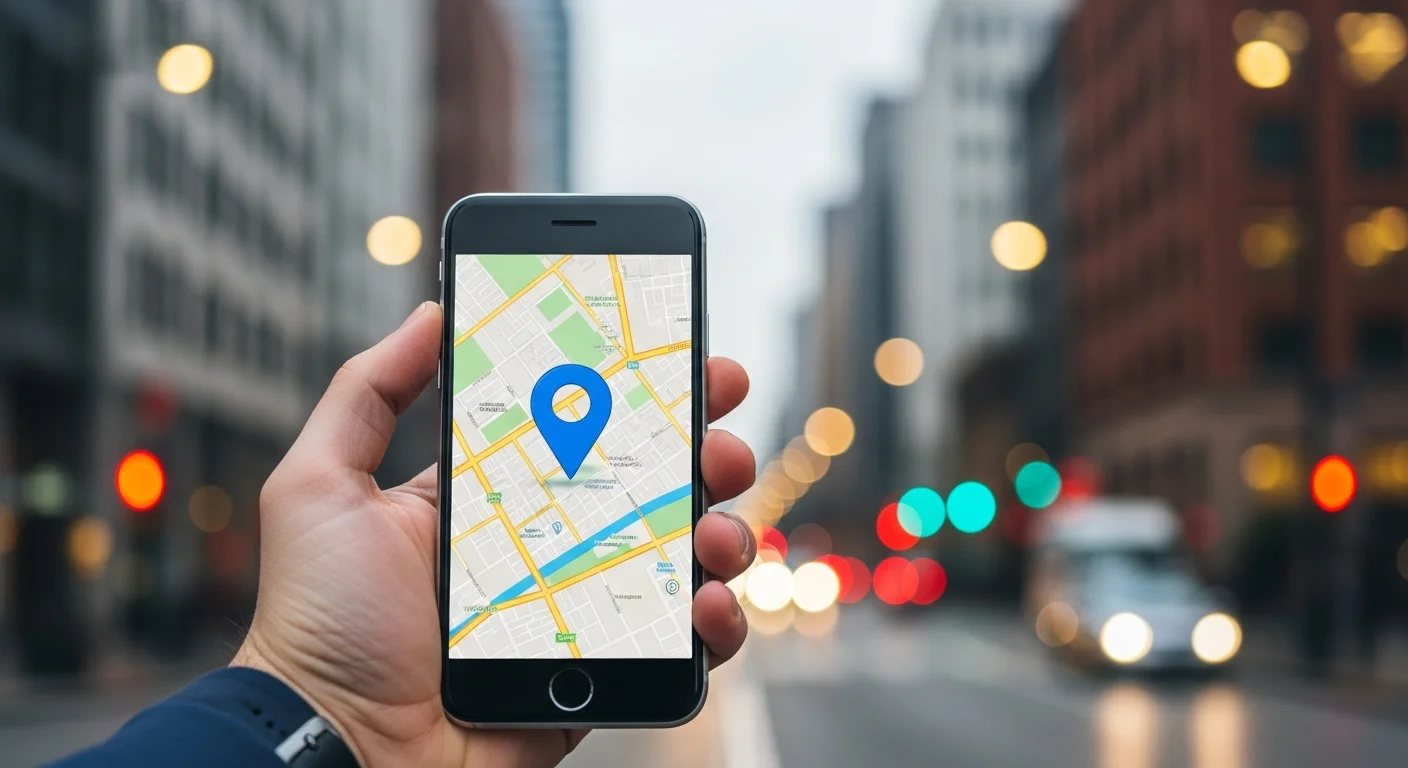 Main tenant un smartphone affichant une carte de localisation avec un repère GPS