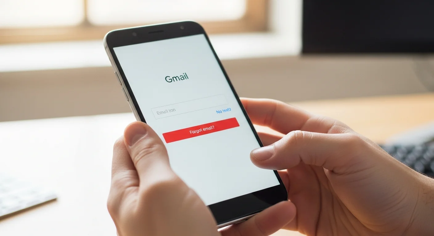 Mains tenant un smartphone Android affichant l'écran de connexion Gmail