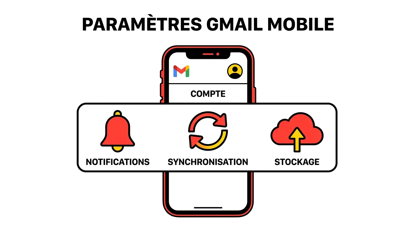 Infographie des paramètres Gmail sur mobile : notifications, synchronisation et stockage
