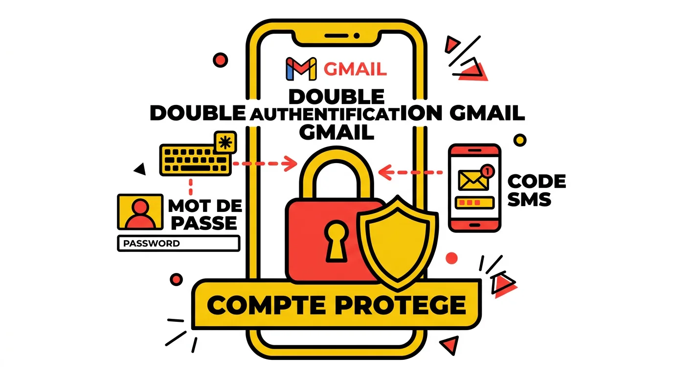 Illustration de la double authentification Gmail sur smartphone avec cadenas et bouclier