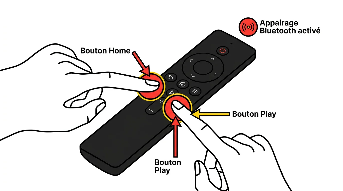 Illustration de la télécommande Freebox Delta avec les boutons Home et Play à presser simultanément pour lancer l'appairage Bluetooth