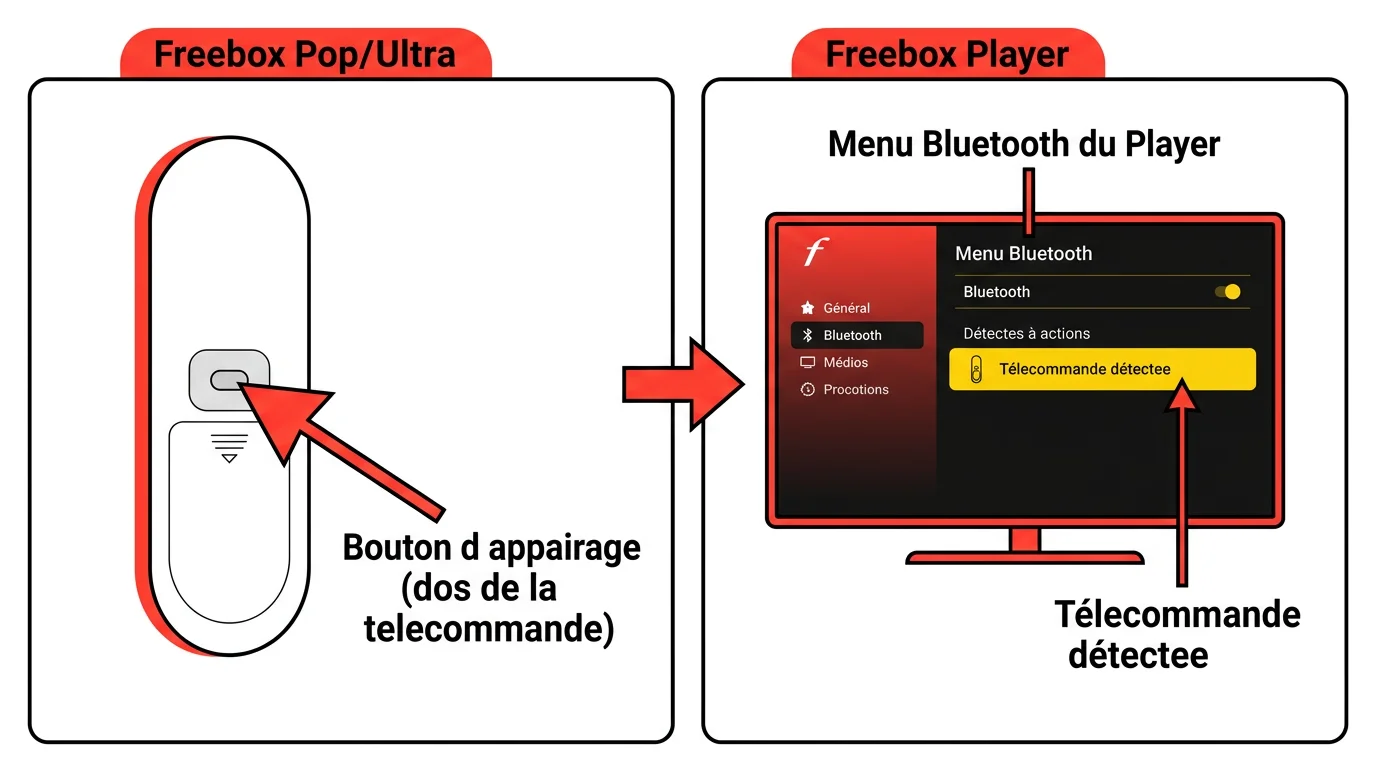 Illustration de la procédure d'appairage Bluetooth de la télécommande Freebox Pop et Ultra, montrant le bouton dos et le menu Bluetooth du Player