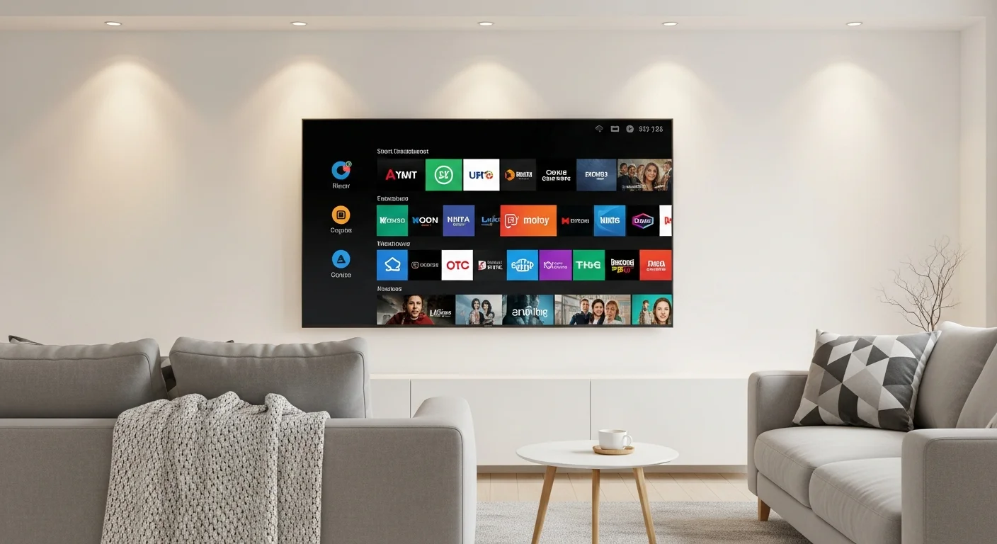 Salon moderne avec un grand televiseur Smart TV affichant une grille d'applications de streaming gratuites