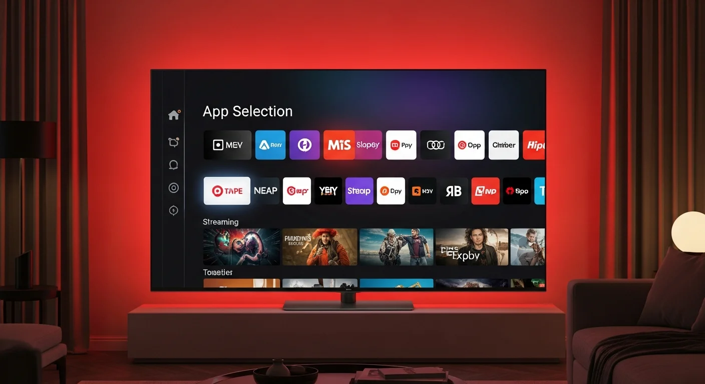Grand ecran TV affichant un menu de selection d'applications de streaming