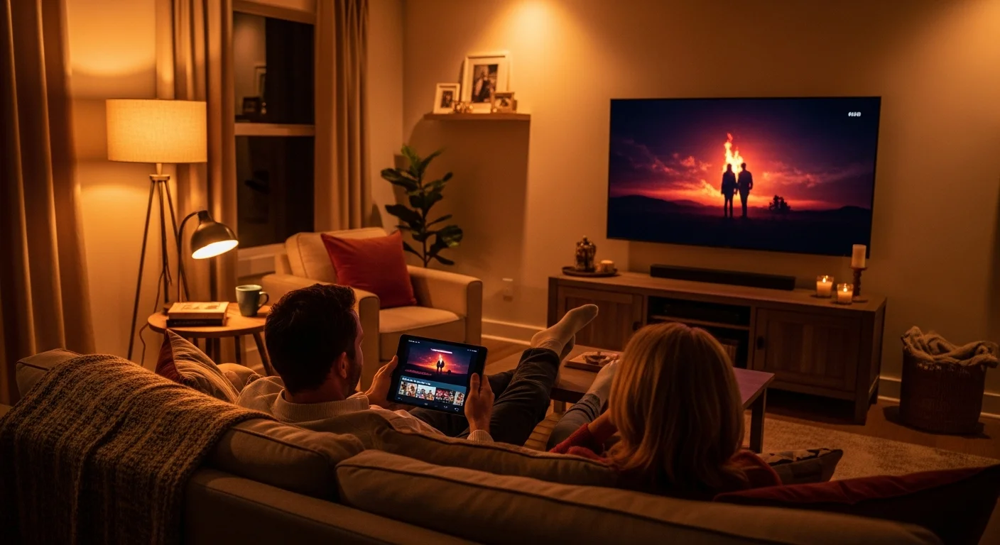 Deux adultes dans un salon regardant la TV sur grand ecran, l'une tenant une tablette pour du contenu en replay