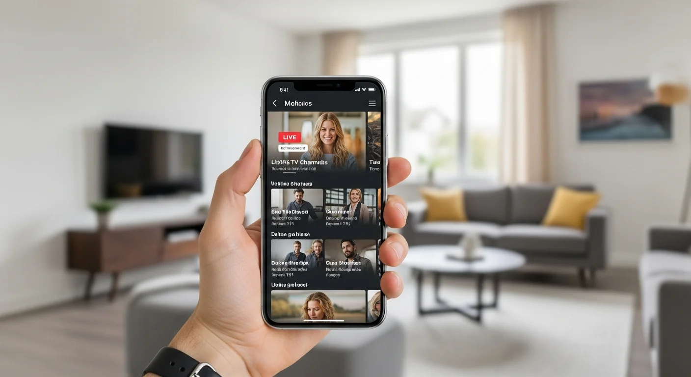 Smartphone affichant une interface d'application TV avec grille de chaines en direct