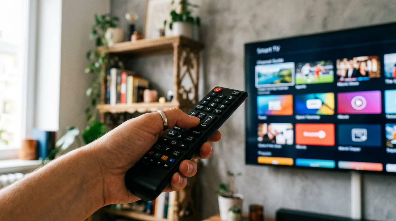 Main tenant une telecommande pointee vers un ecran Smart TV avec un menu de selection de chaines