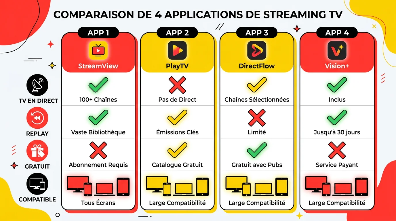 Infographie comparative de 4 applications TV gratuites : TV en direct, replay, contenu gratuit, compatibilite appareils