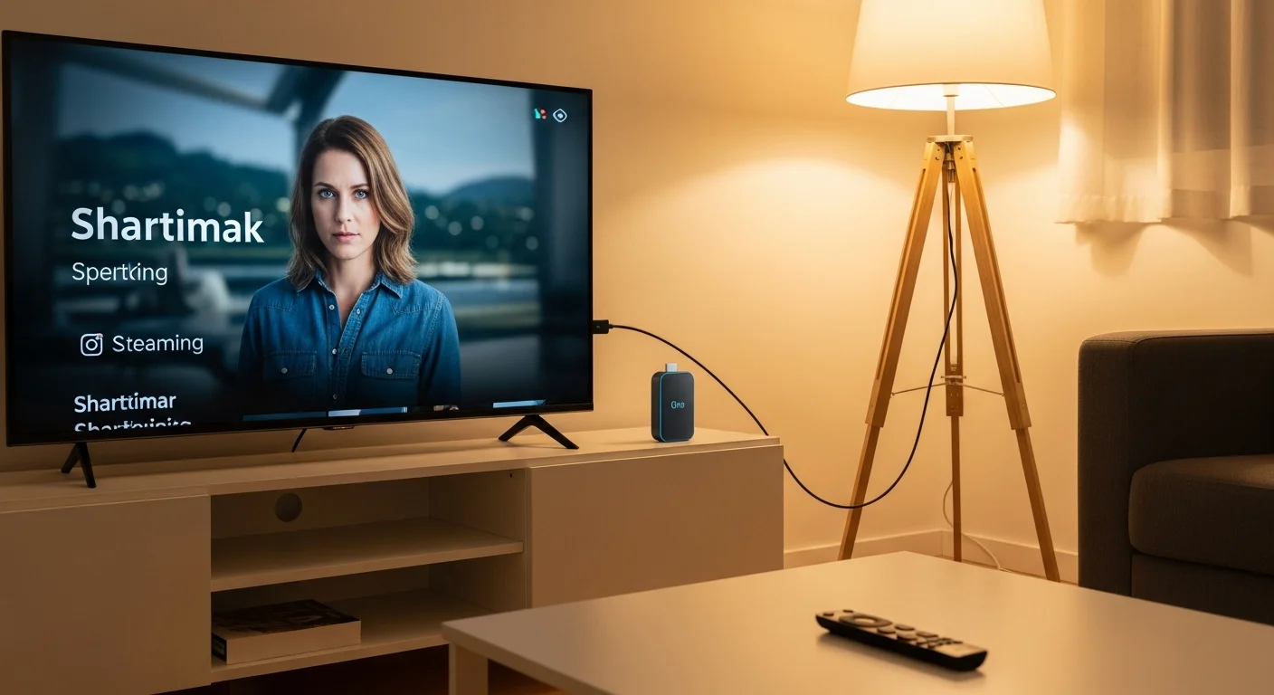 Salon moderne avec Smart TV, cle de streaming branchee et telecommande sur table basse