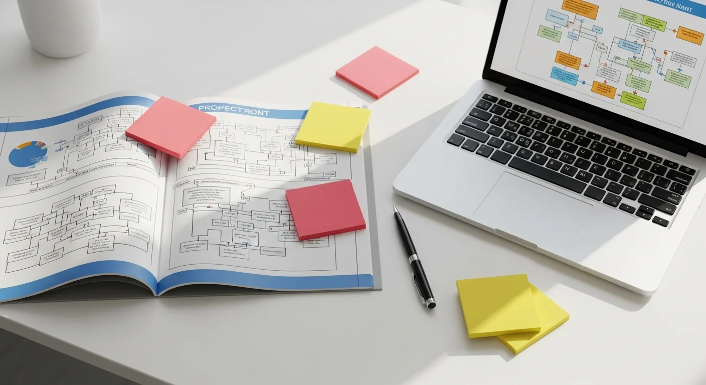 Vue de dessus d'un bureau professionnel avec un document technique, des post-it colorés, un stylo et un laptop affichant un diagramme de projet