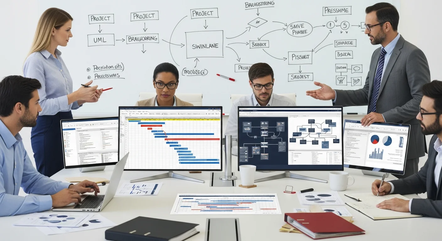 Réunion d'équipe projet autour d'une table avec des documents techniques, des écrans et un tableau blanc avec des schémas