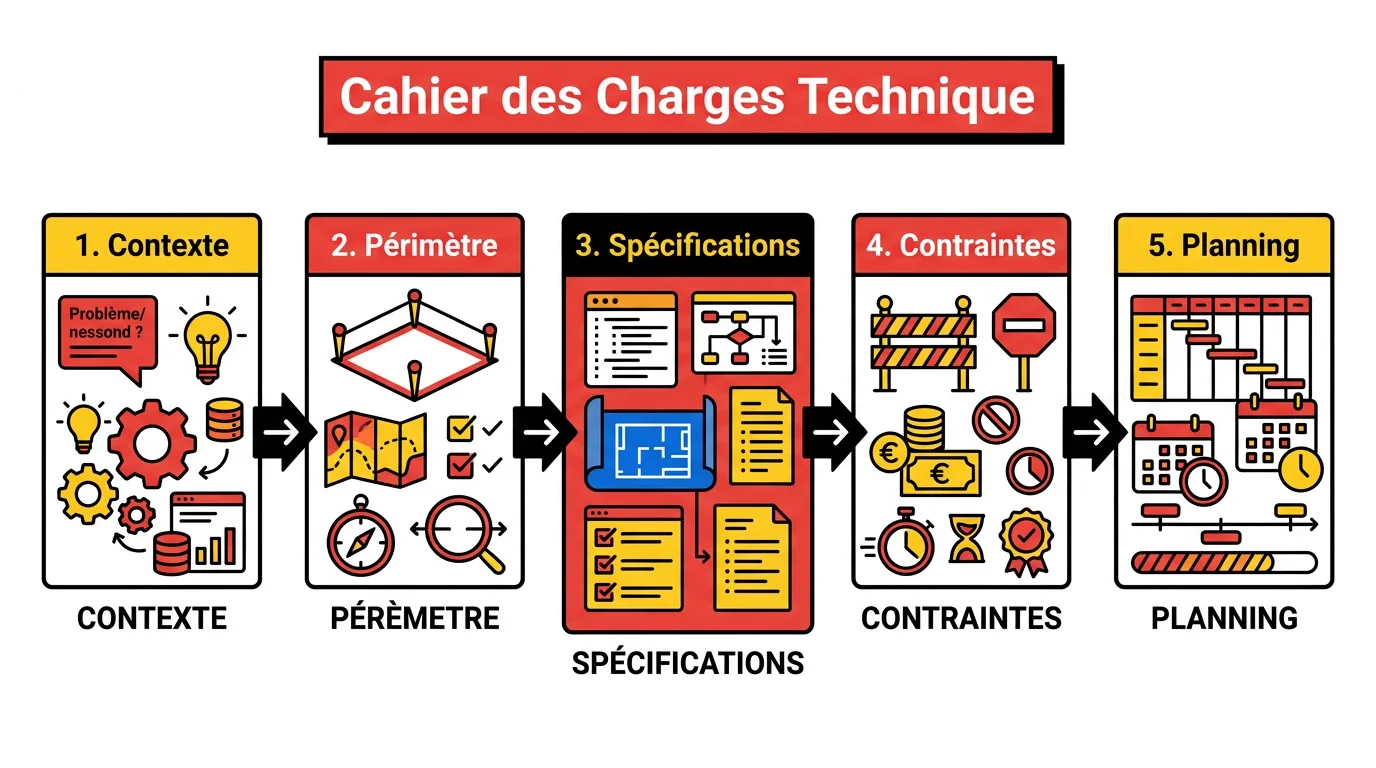 Infographie des 5 grandes sections d'un cahier des charges technique : Contexte, Périmètre, Spécifications, Contraintes, Planning