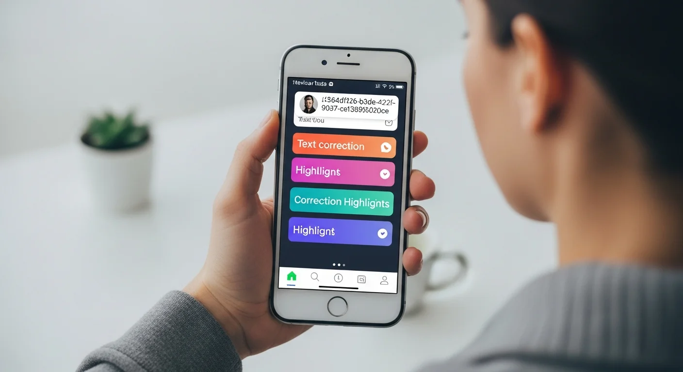 Main tenant un smartphone avec une application de correction de texte