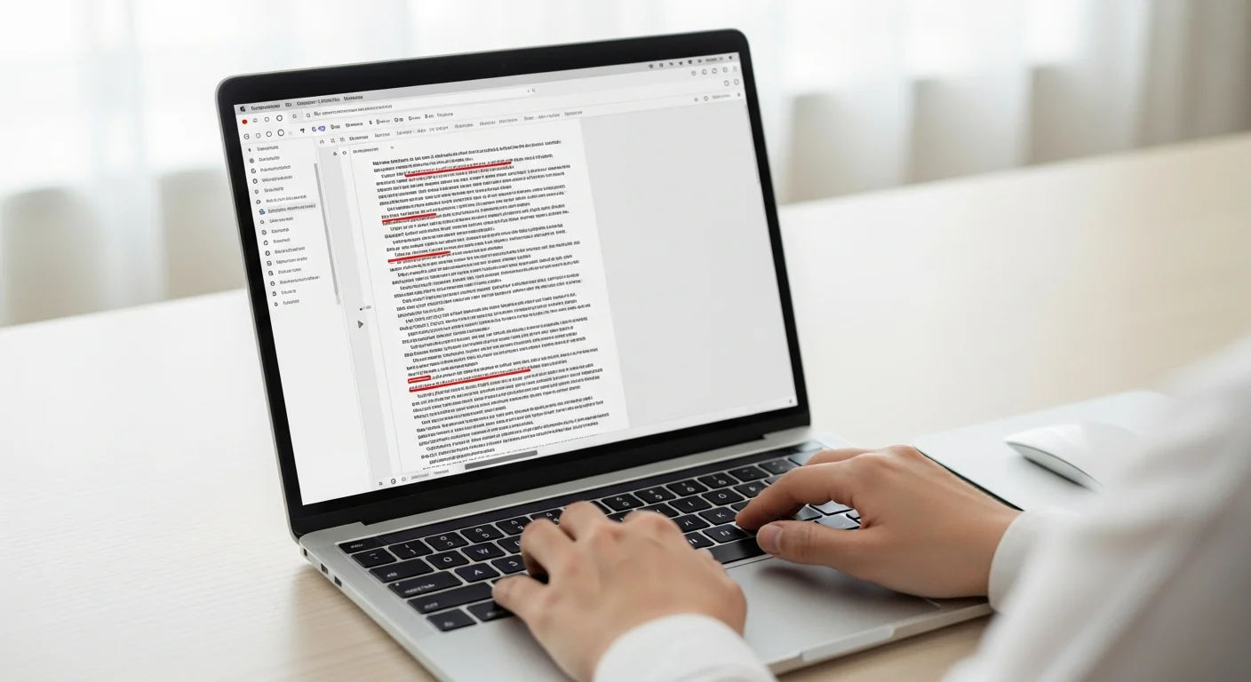 Ecran d'ordinateur portable affichant des corrections orthographiques soulignees en rouge