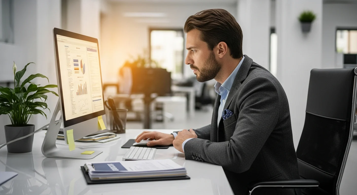 Professionnel concentre sur la relecture d'un document a l'ecran