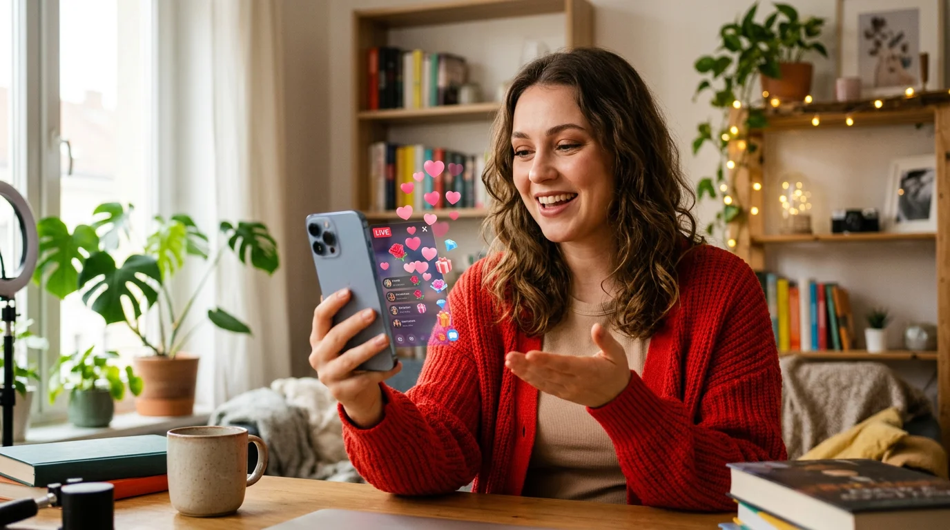 Creatrice TikTok en direct avec coeurs et cadeaux virtuels visibles sur l'ecran du smartphone